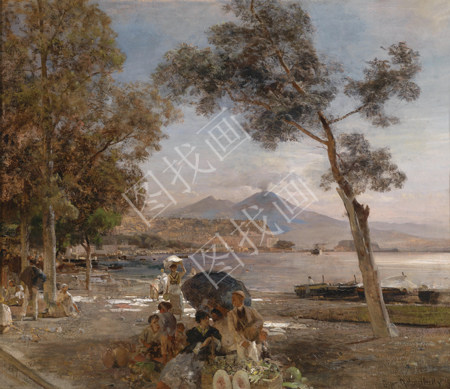 Evening at the Gulf of Naples in the background Vesuvius